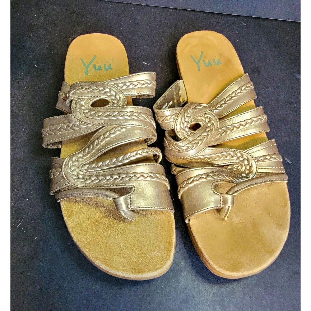 Yuu Women's Gold Braided Strap Wedge Slide Slip-On Sandals Sz 6